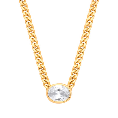 Gilded Silver  Oval CZ Collarette Curb Chain Necklace 3mm 17.5" - GVK496G