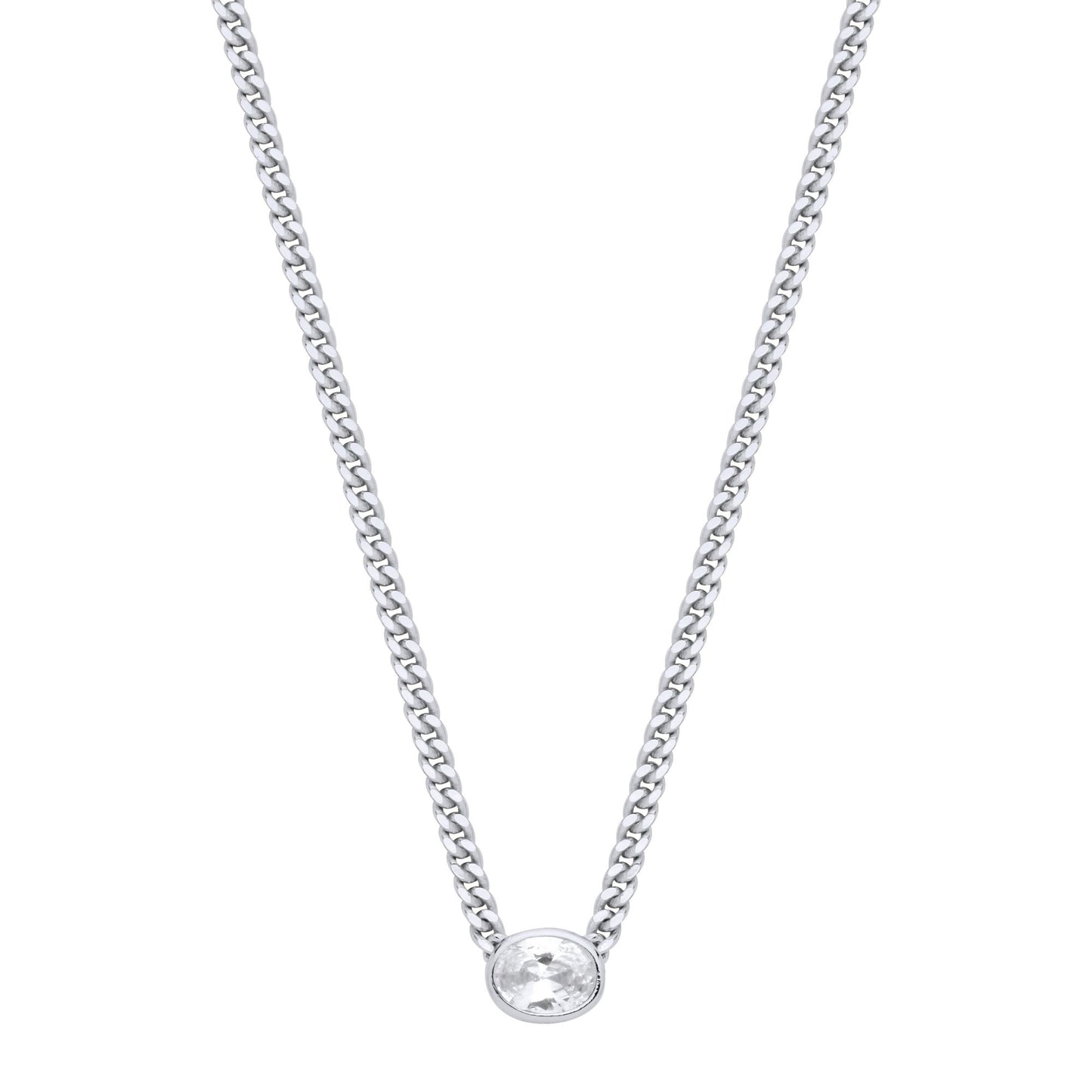 Silver  Oval CZ Solitaire Collarette Curb Chain Necklace 3mm 17.5" - GVK496RH