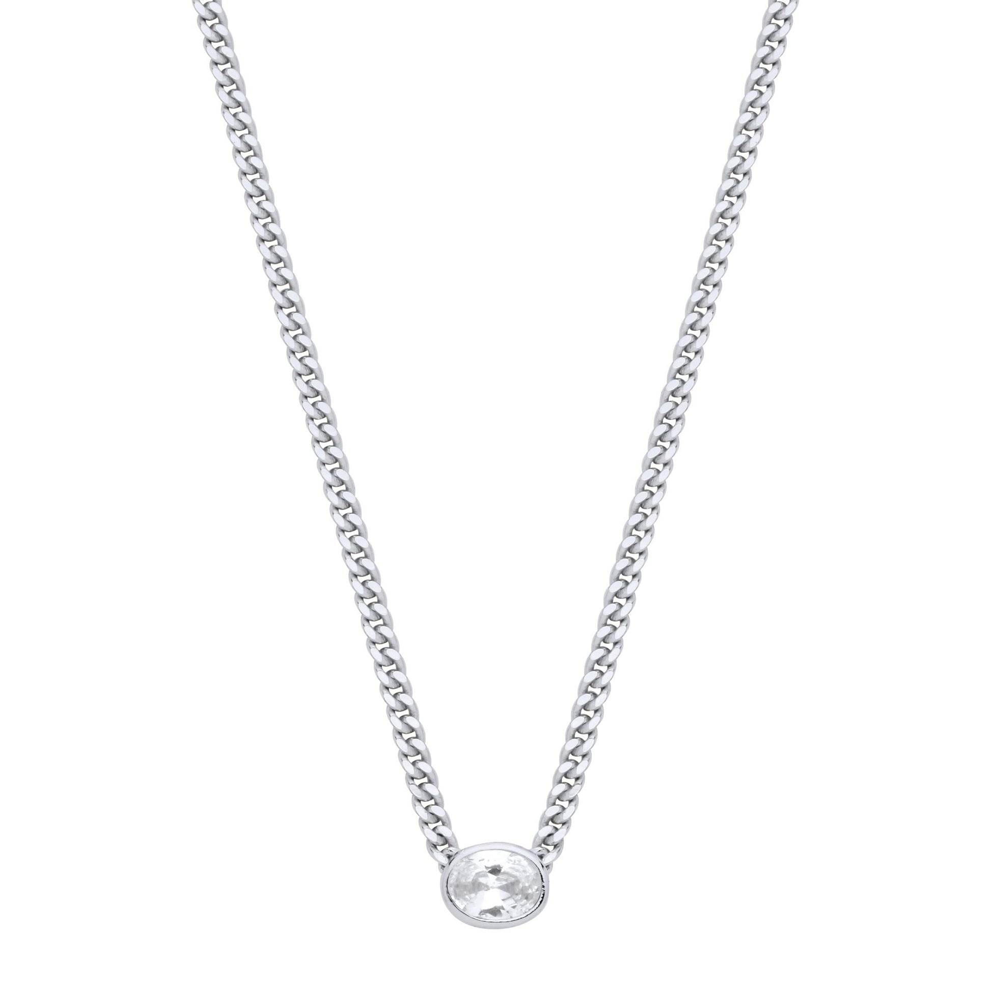 Silver  Oval CZ Solitaire Collarette Curb Chain Necklace 3mm 17.5" - GVK496RH