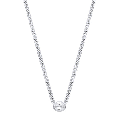 Silver  Oval CZ Solitaire Collarette Curb Chain Necklace 3mm 17.5" - GVK496RH