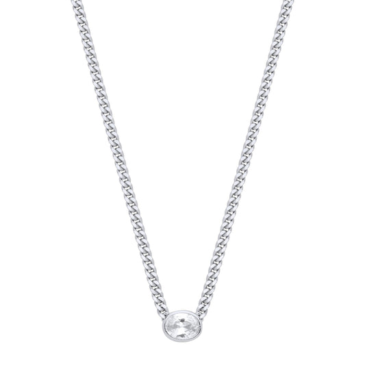 Silver  Oval CZ Solitaire Collarette Curb Chain Necklace 3mm 17.5" - GVK496RH