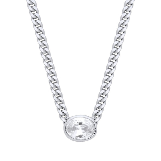 Silver Oval CZ Solitaire Collarette Curb Chain Necklace 3mm 17.5" - GVK496RH