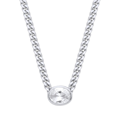 Silver  Oval CZ Solitaire Collarette Curb Chain Necklace 3mm 17.5" - GVK496RH