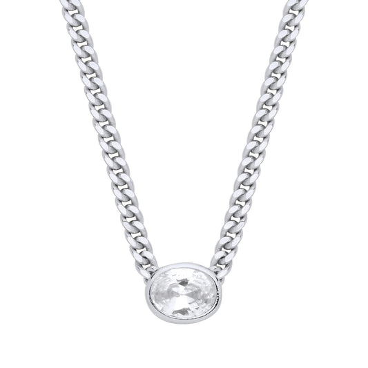 Silver  Oval CZ Solitaire Collarette Curb Chain Necklace 3mm 17.5" - GVK496RH