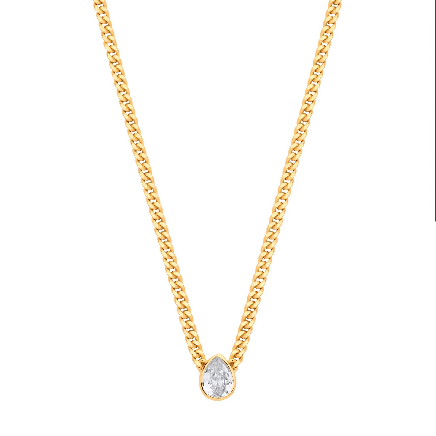 Gilded Silver  Pear CZ Collarette Curb Chain Necklace 3mm 17.5" - GVK497G