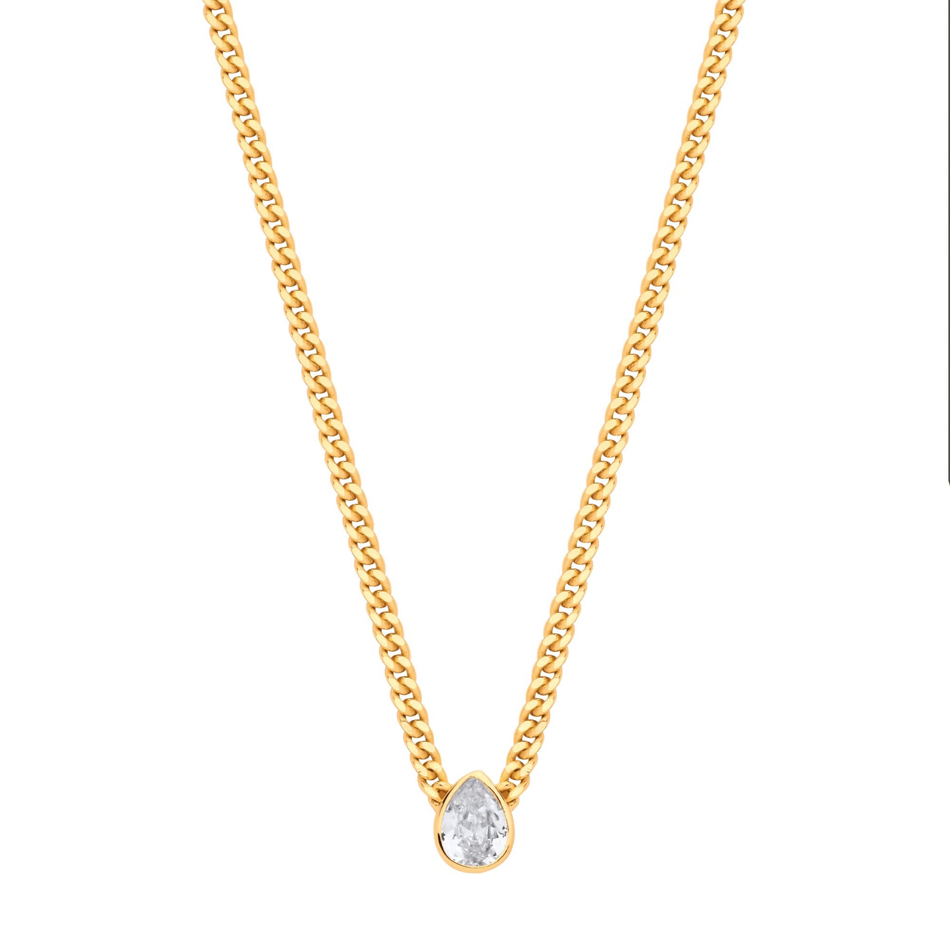 Gilded Silver  Pear CZ Collarette Curb Chain Necklace 3mm 17.5" - GVK497G