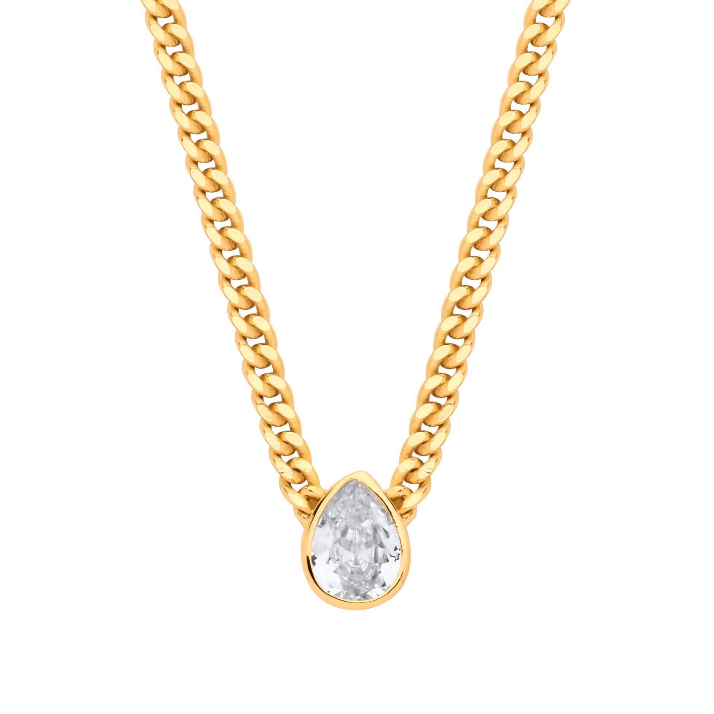 Gilded Silver  Pear CZ Collarette Curb Chain Necklace 3mm 17.5" - GVK497G