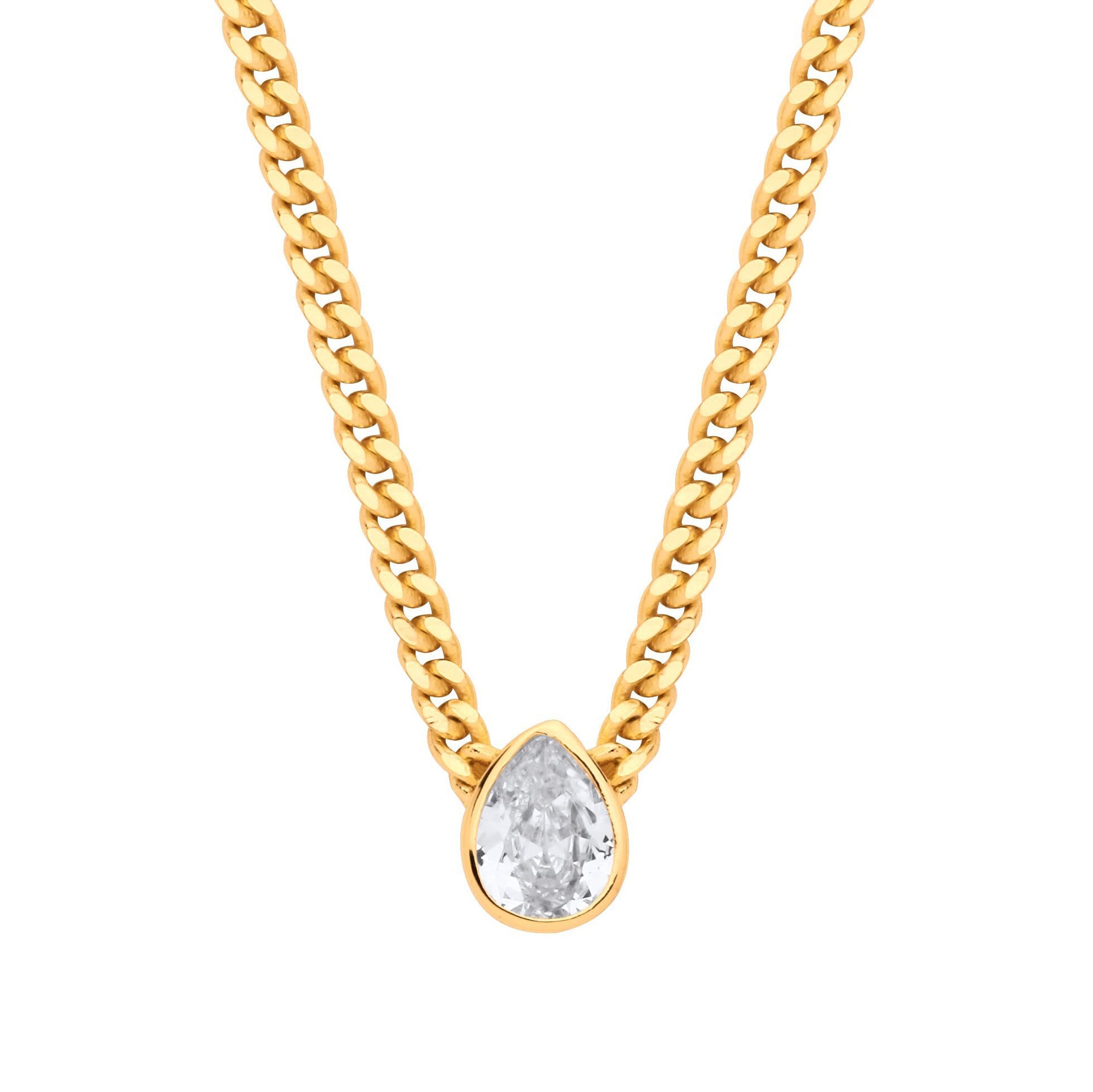Gilded Silver  Pear CZ Collarette Curb Chain Necklace 3mm 17.5" - GVK497G