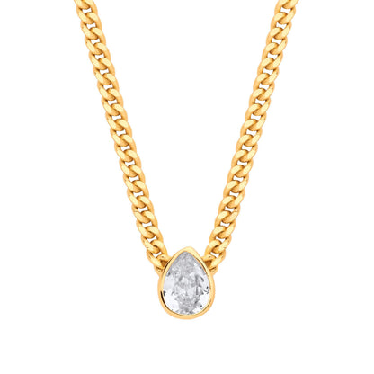 Gilded Silver  Pear CZ Collarette Curb Chain Necklace 3mm 17.5" - GVK497G
