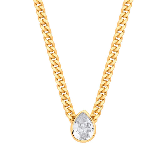 Gilded Silver  Pear CZ Collarette Curb Chain Necklace 3mm 17.5" - GVK497G