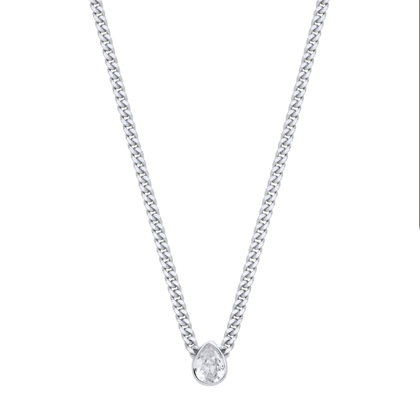 Silver  Pear CZ Solitaire Collarette Curb Chain Necklace 3mm 17.5" - GVK497RH