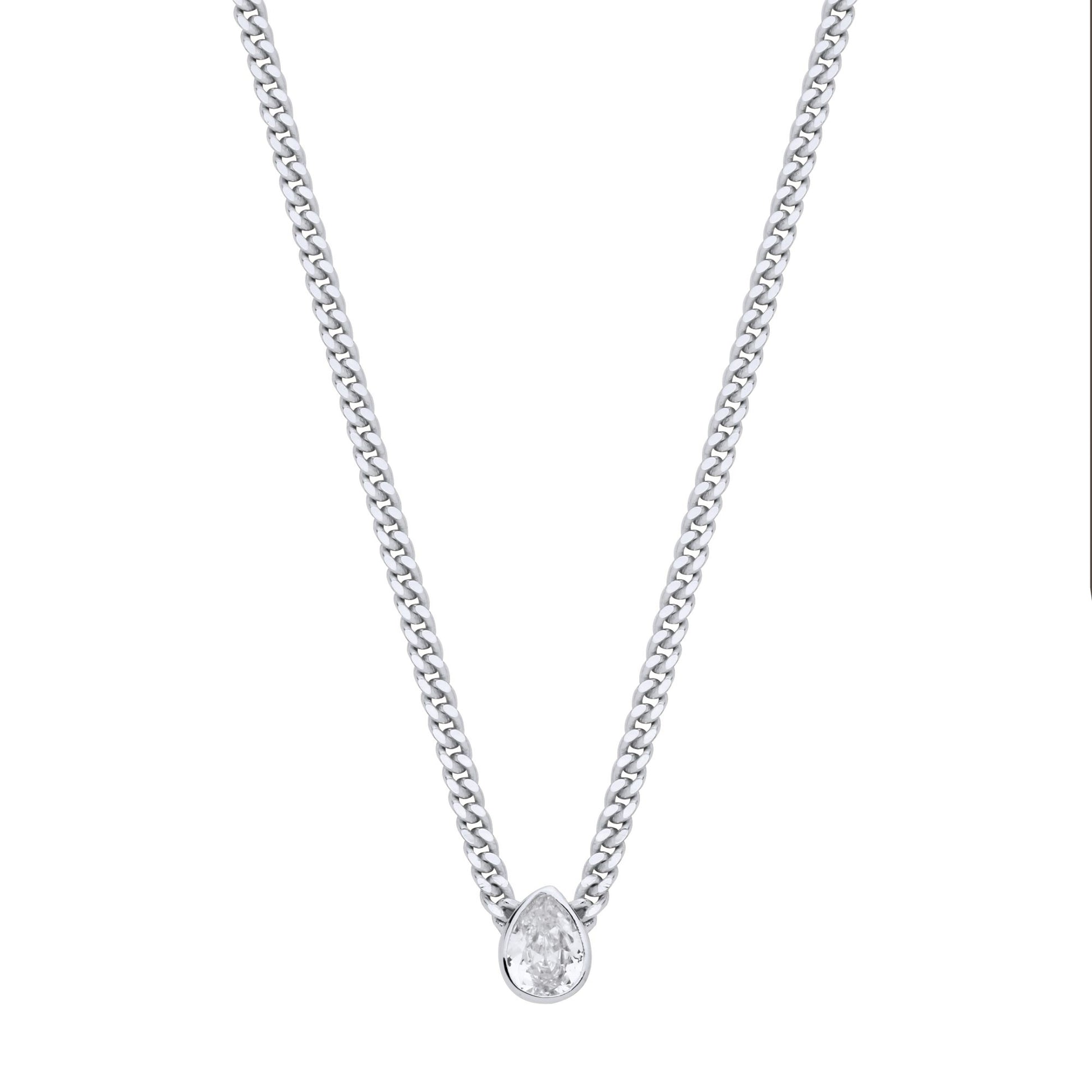 Silver  Pear CZ Solitaire Collarette Curb Chain Necklace 3mm 17.5" - GVK497RH