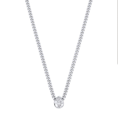 Silver  Pear CZ Solitaire Collarette Curb Chain Necklace 3mm 17.5" - GVK497RH