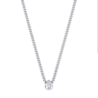 Silver  Pear CZ Solitaire Collarette Curb Chain Necklace 3mm 17.5" - GVK497RH