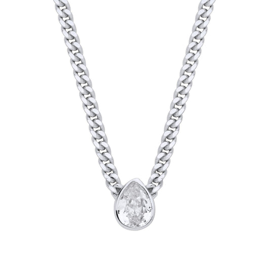 Silver Pear CZ Solitaire Collarette Curb Chain Necklace 3mm 17.5" - GVK497RH