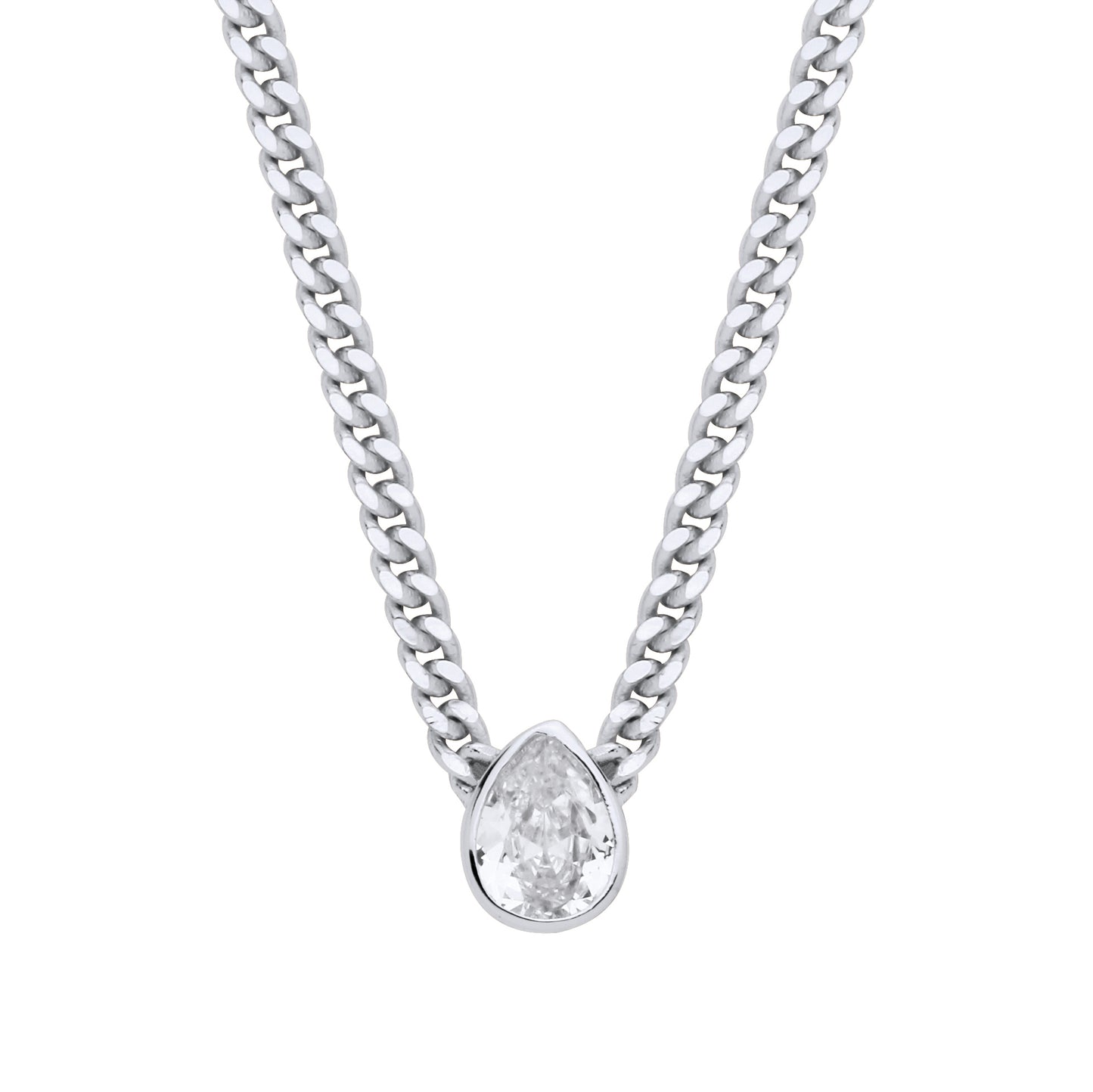 Silver  Pear CZ Solitaire Collarette Curb Chain Necklace 3mm 17.5" - GVK497RH