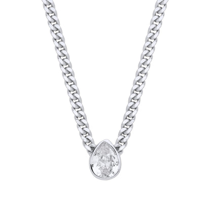 Silver  Pear CZ Solitaire Collarette Curb Chain Necklace 3mm 17.5" - GVK497RH