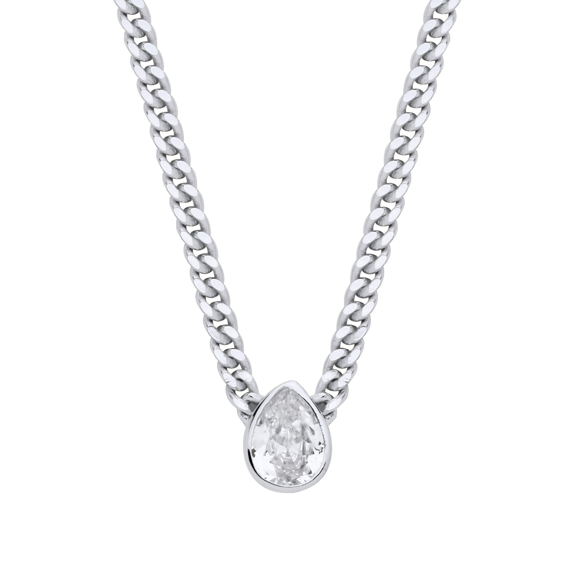 Silver  Pear CZ Solitaire Collarette Curb Chain Necklace 3mm 17.5" - GVK497RH