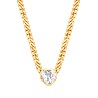 Gilded Silver  Heart CZ Collarette Curb Chain Necklace 3mm 17.5" - GVK498G