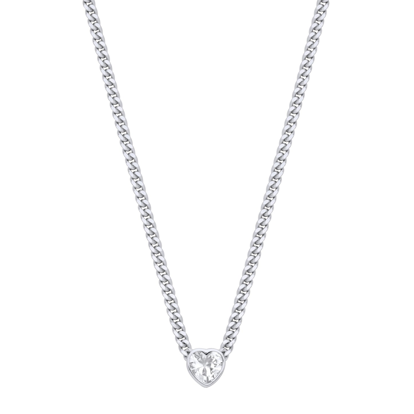 Silver  Heart CZ Collarette Curb Chain Necklace 3mm 17.5" - GVK498RH