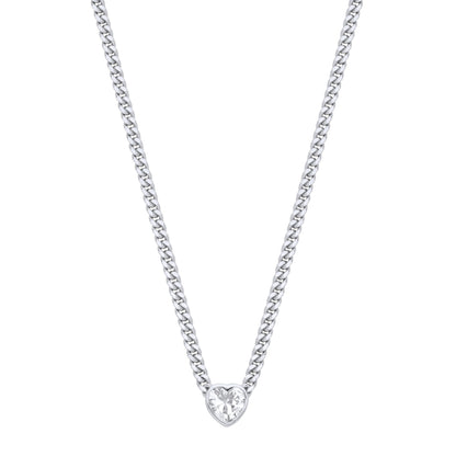 Silver  Heart CZ Collarette Curb Chain Necklace 3mm 17.5" - GVK498RH