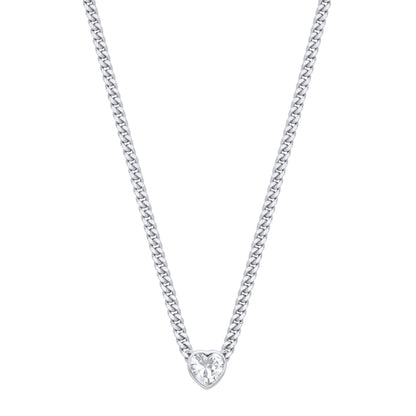 Silver  Heart CZ Collarette Curb Chain Necklace 3mm 17.5" - GVK498RH