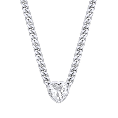 Silver  Heart CZ Collarette Curb Chain Necklace 3mm 17.5" - GVK498RH