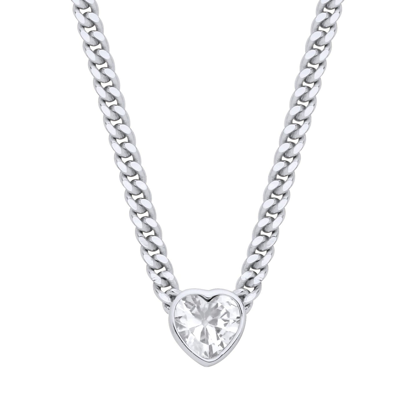 Silver  Heart CZ Collarette Curb Chain Necklace 3mm 17.5" - GVK498RH