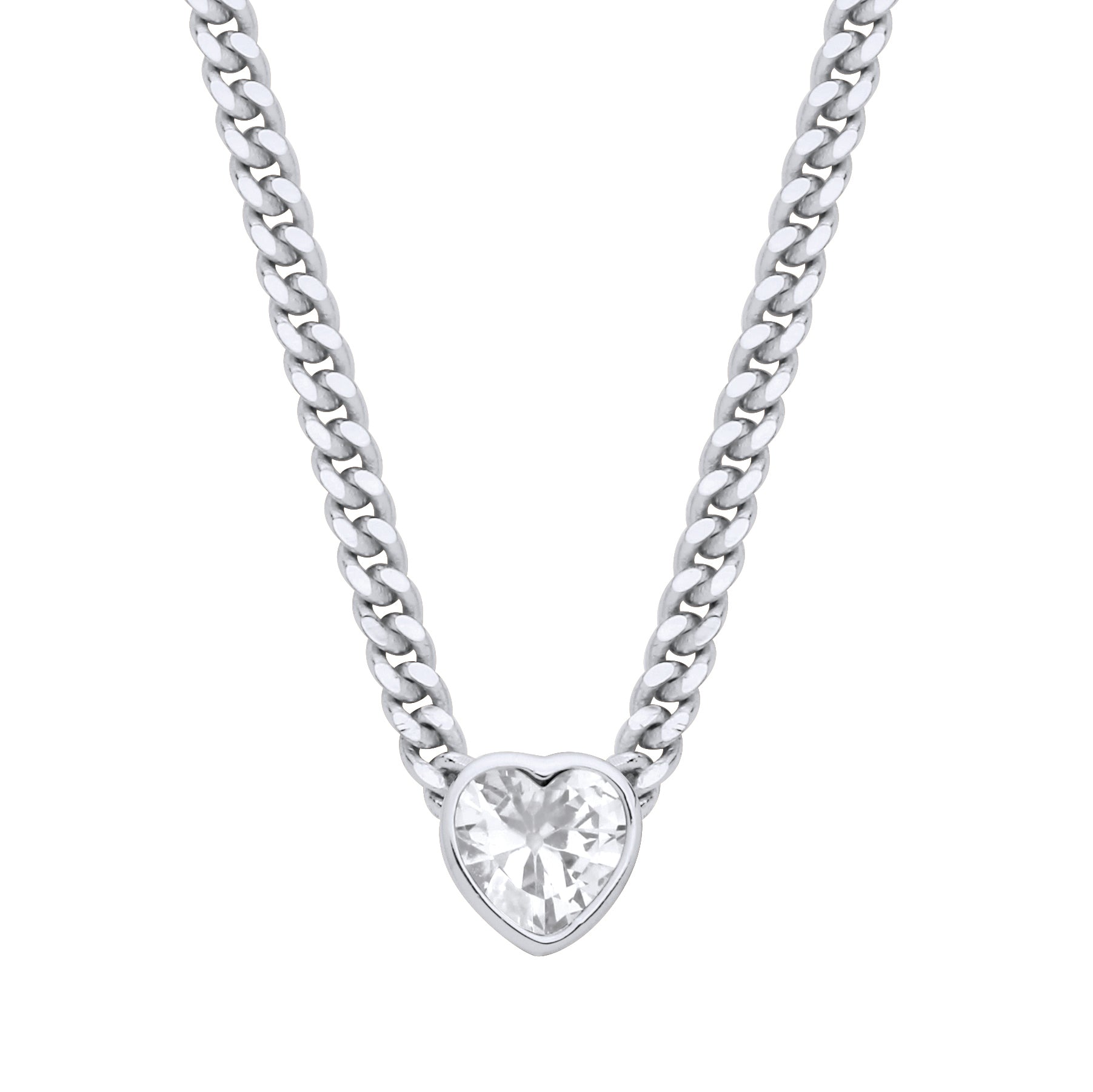 Silver  Heart CZ Collarette Curb Chain Necklace 3mm 17.5" - GVK498RH