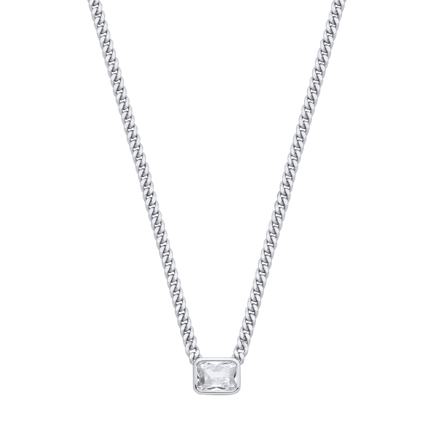 Silver  Radiant CZ Collarette Curb Chain Necklace 3mm 17.5" - GVK499RH