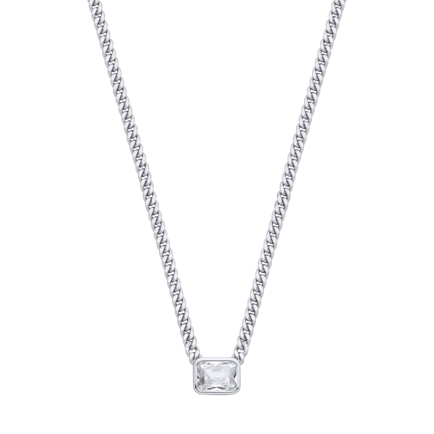 Silver  Radiant CZ Collarette Curb Chain Necklace 3mm 17.5" - GVK499RH