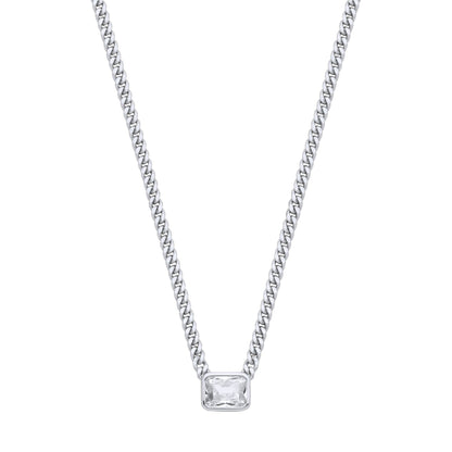 Silver  Radiant CZ Collarette Curb Chain Necklace 3mm 17.5" - GVK499RH