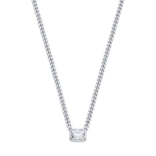 Silver  Radiant CZ Collarette Curb Chain Necklace 3mm 17.5" - GVK499RH