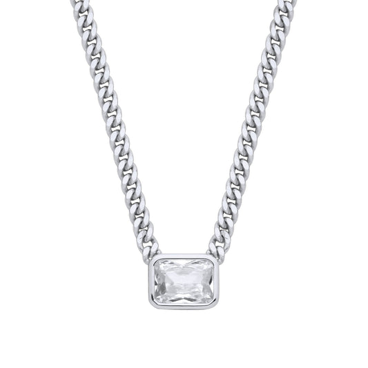 Silver  Radiant CZ Collarette Curb Chain Necklace 3mm 17.5" - GVK499RH