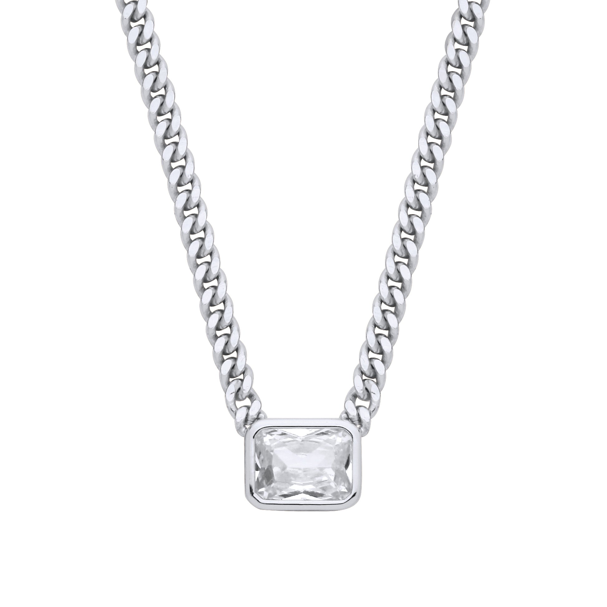 Silver  Radiant CZ Collarette Curb Chain Necklace 3mm 17.5" - GVK499RH