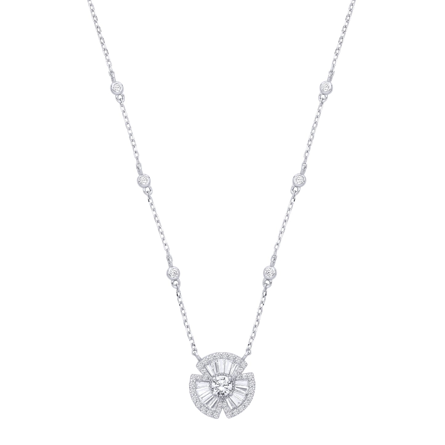 Silver  Baguette CZ Art Deco Clover Bow Fan Solitaire Pendant Station Necklace 14.5mm 17 + 2 inch - GVK501