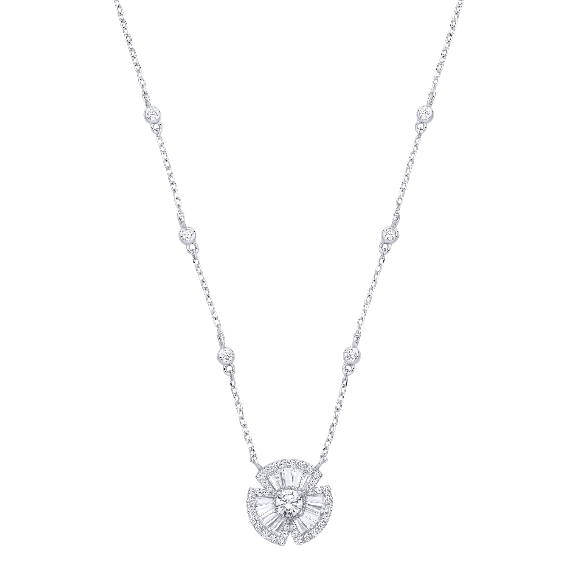 Silver  Baguette CZ Art Deco Clover Bow Fan Solitaire Pendant Station Necklace 14.5mm 17 + 2 inch - GVK501