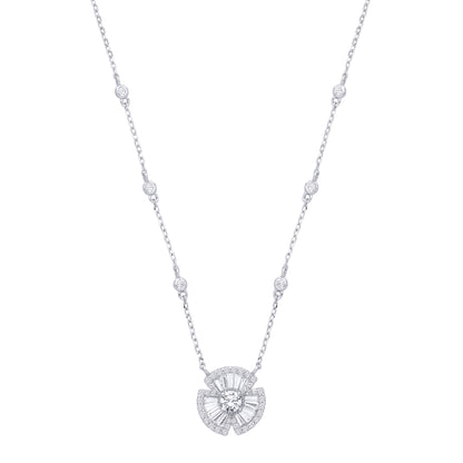 Silver  Baguette CZ Art Deco Clover Bow Fan Solitaire Pendant Station Necklace 14.5mm 17 + 2 inch - GVK501