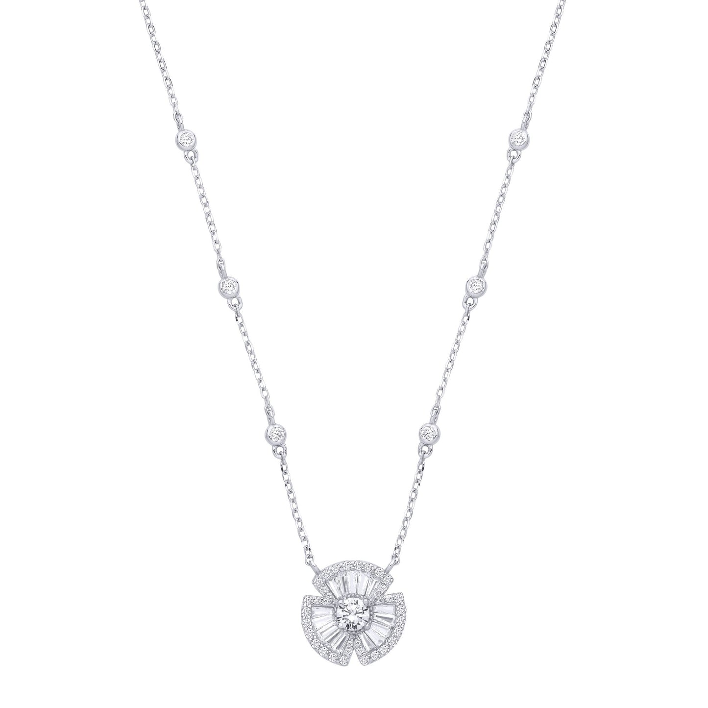 Silver  CZ Clover Bow Fan Pendant Station Necklace 17+2inch - GVK501