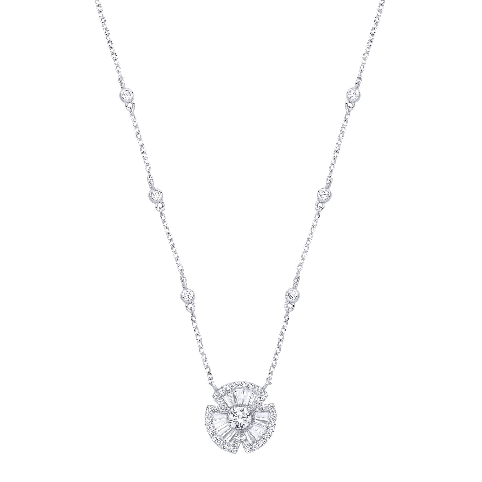 Silver  CZ Clover Bow Fan Pendant Station Necklace 17+2inch - GVK501