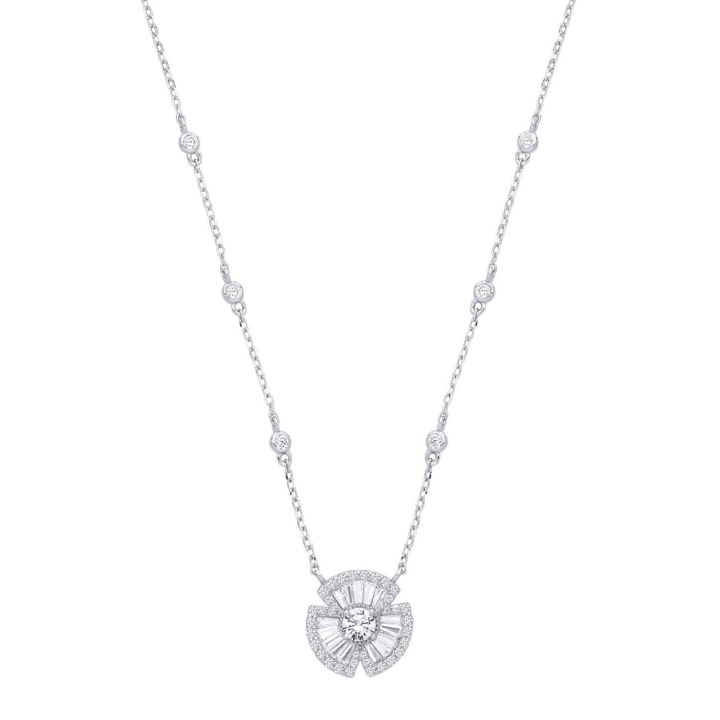 Silver  CZ Clover Bow Fan Pendant Station Necklace 17+2inch - GVK501