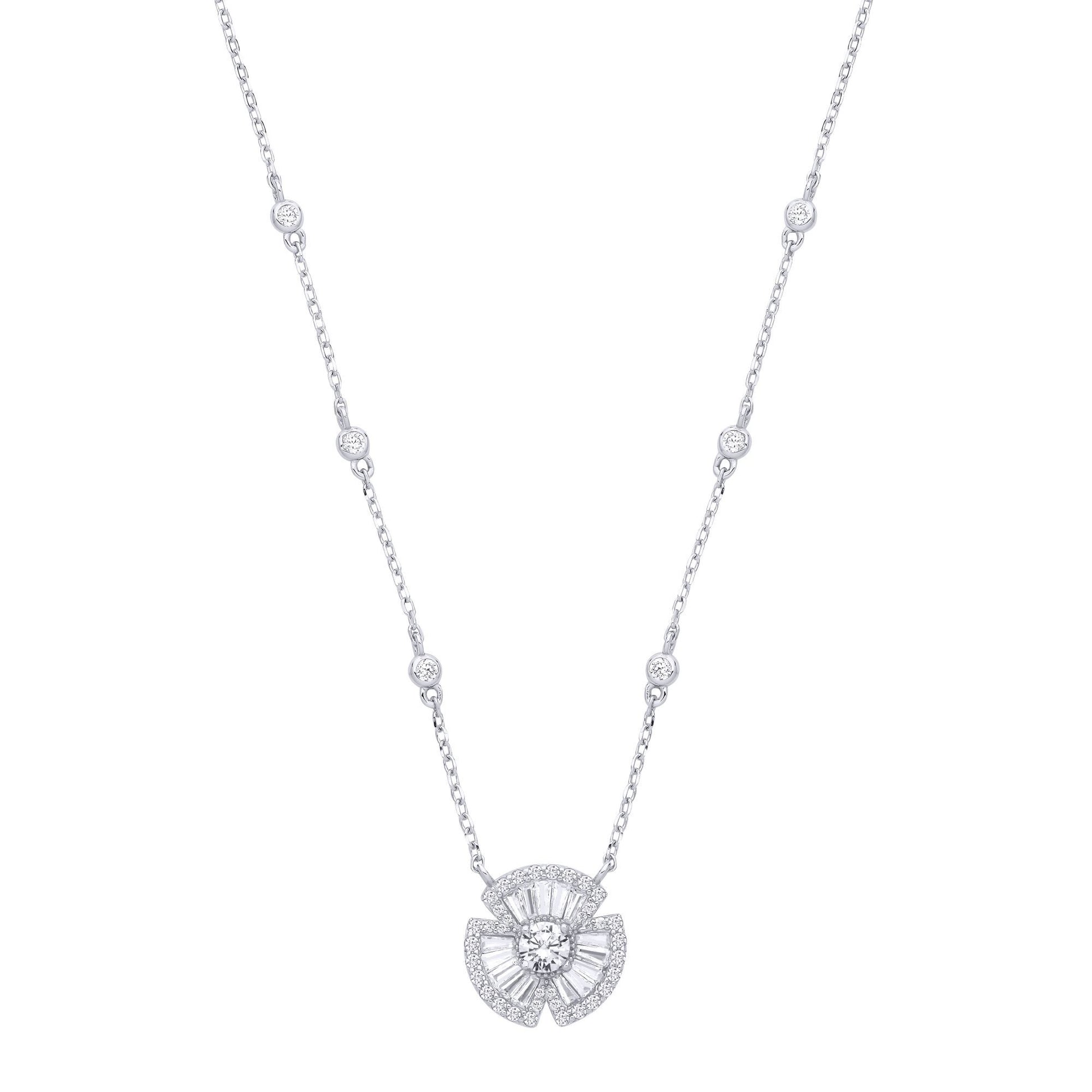 Silver  CZ Clover Bow Fan Pendant Station Necklace 17+2inch - GVK501