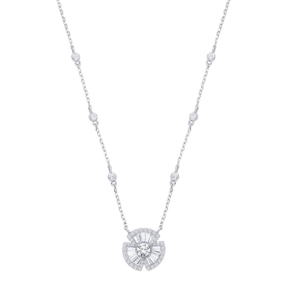 Silver  CZ Clover Bow Fan Pendant Station Necklace 17+2inch - GVK501