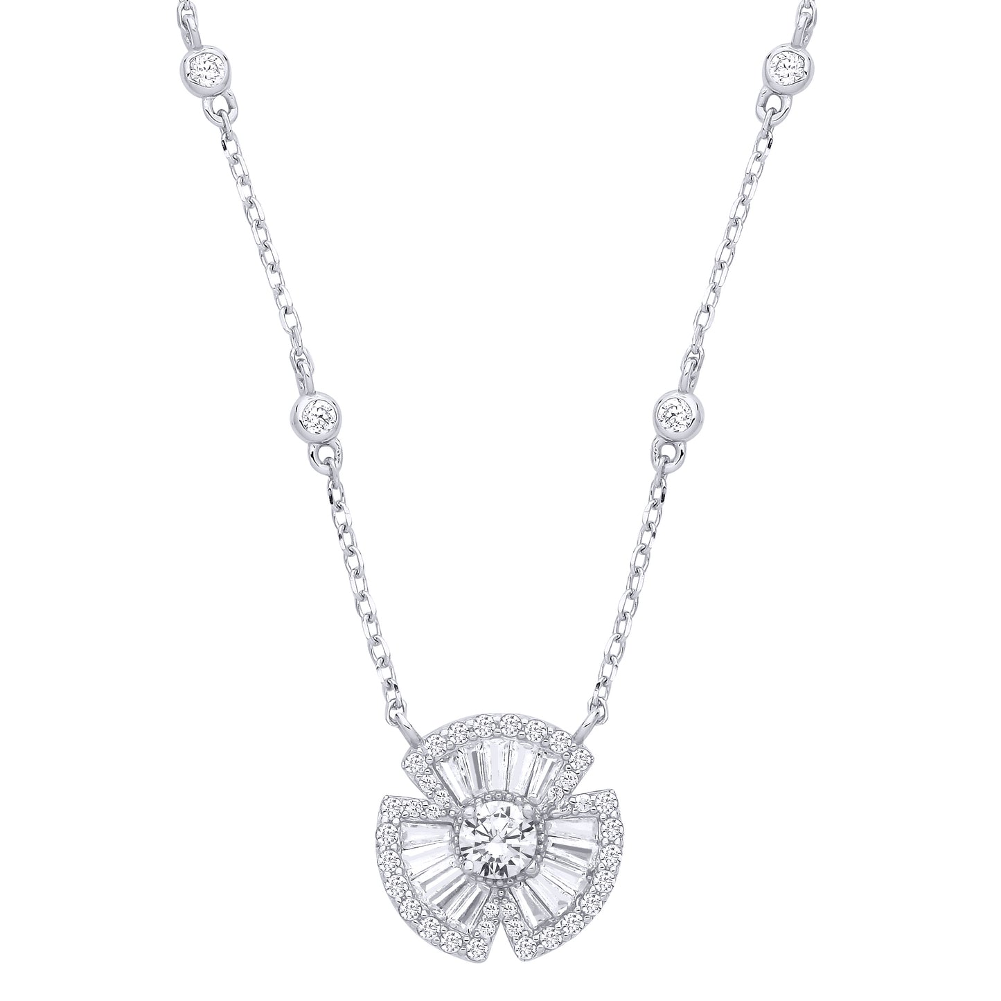 Silver  Baguette CZ Art Deco Clover Bow Fan Solitaire Pendant Station Necklace 14.5mm 17 + 2 inch - GVK501