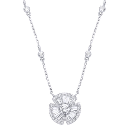 Silver  Baguette CZ Art Deco Clover Bow Fan Solitaire Pendant Station Necklace 14.5mm 17 + 2 inch - GVK501