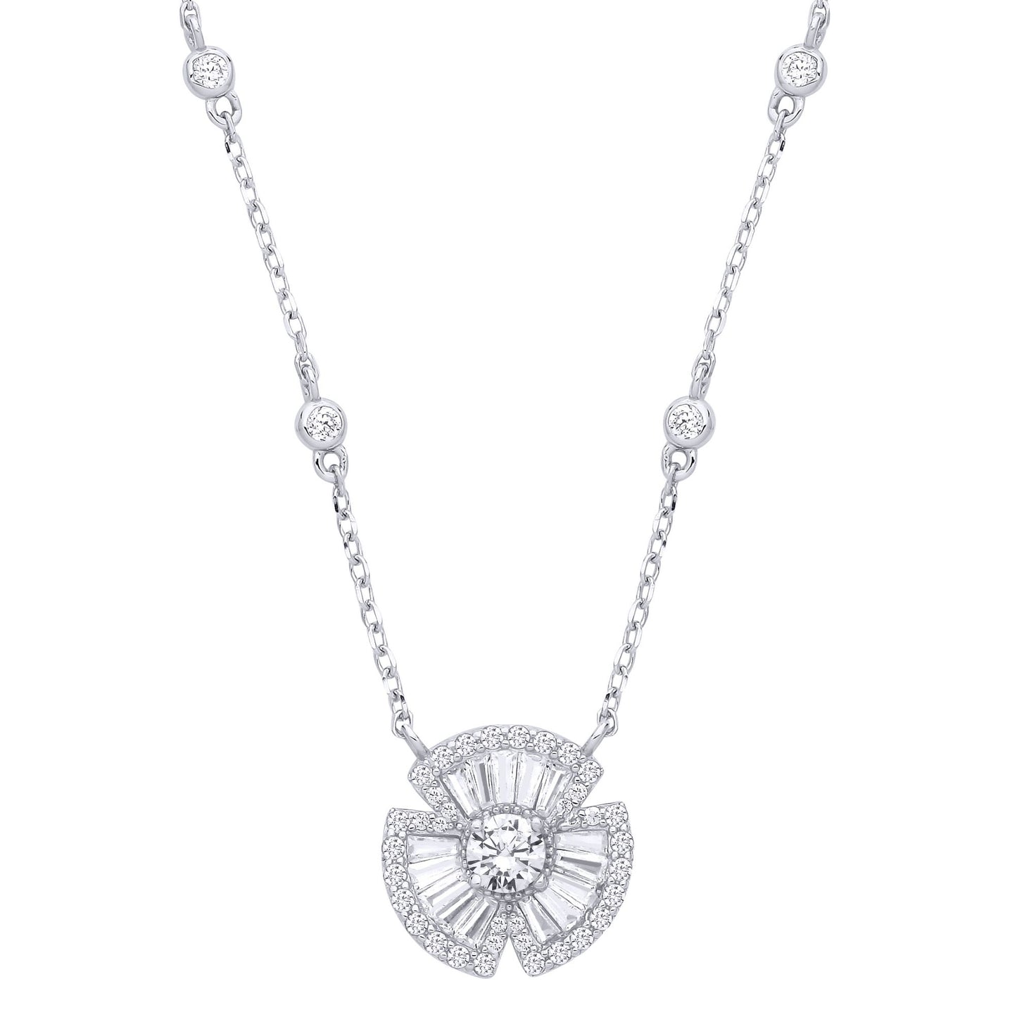 Silver  CZ Clover Bow Fan Pendant Station Necklace 17+2inch - GVK501