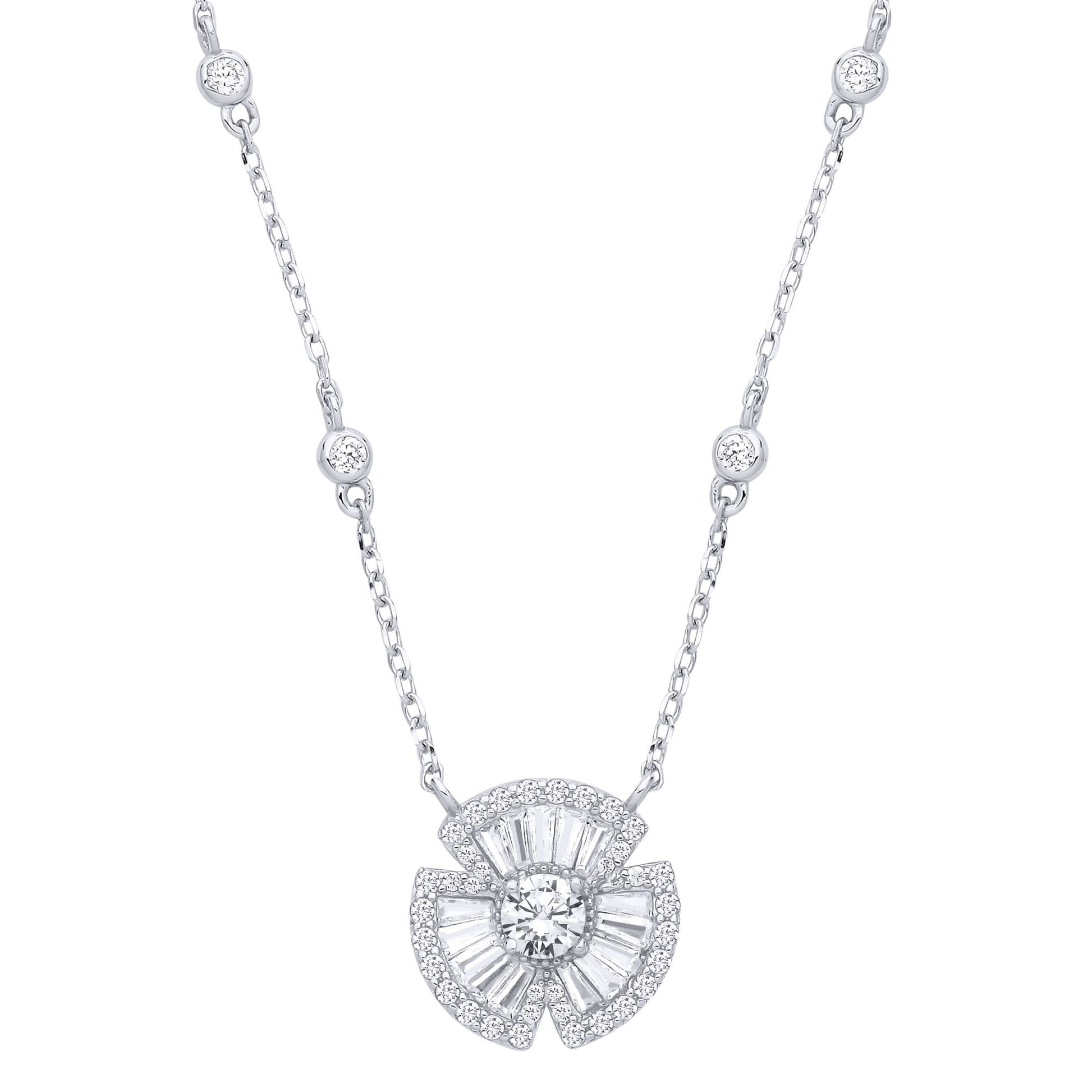 Silver  CZ Clover Bow Fan Pendant Station Necklace 17+2inch - GVK501