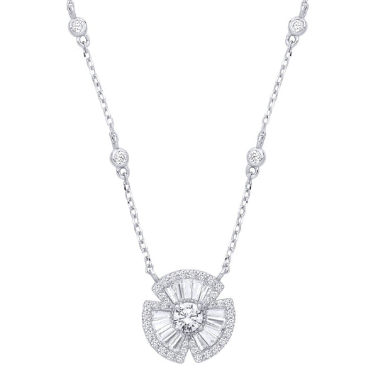 Silver  CZ Clover Bow Fan Pendant Station Necklace 17+2inch - GVK501