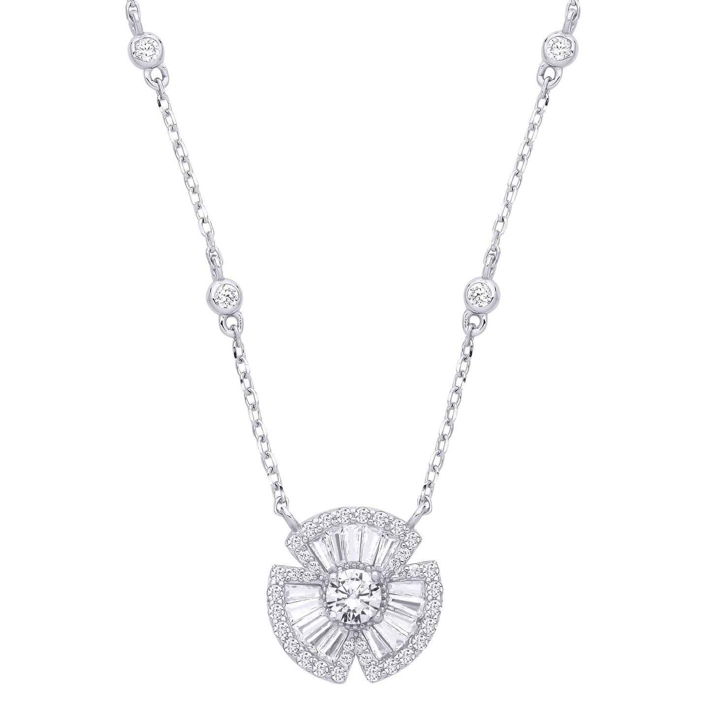 Silver  CZ Clover Bow Fan Pendant Station Necklace 17+2inch - GVK501