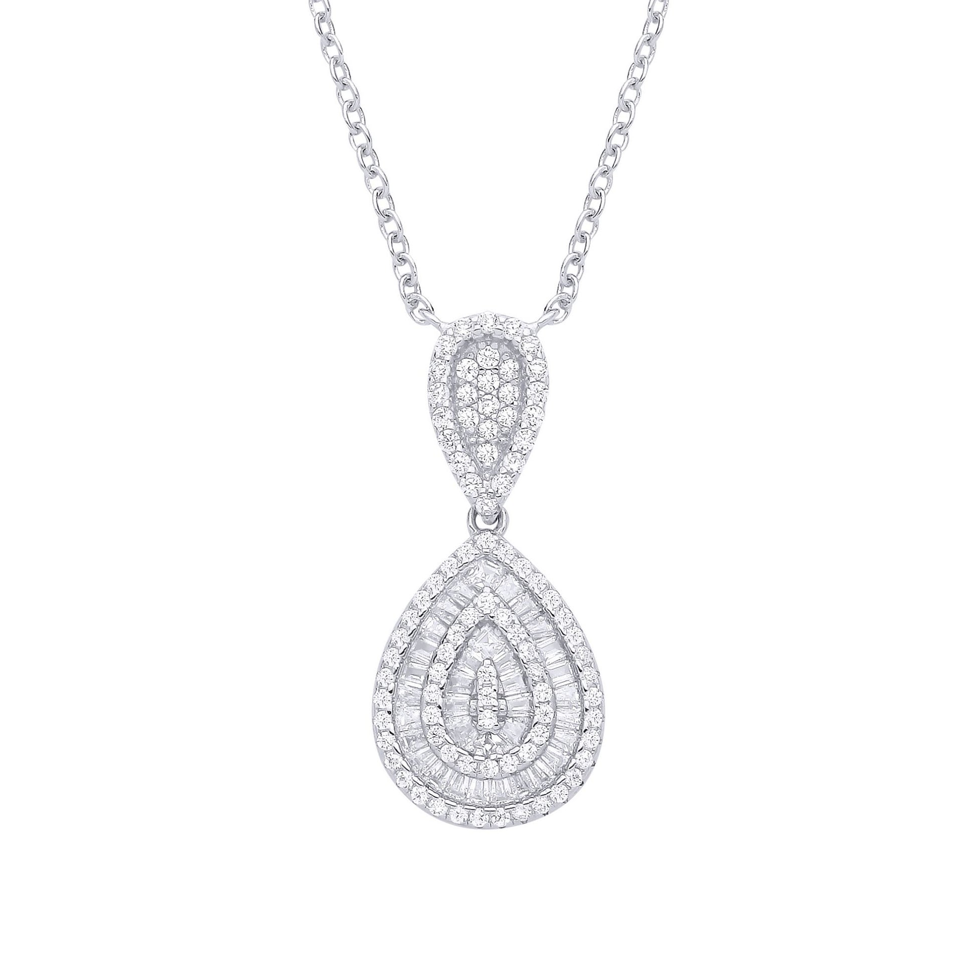 Silver  Baguette CZ Pear Avocado Geode Cluster Pendant Necklace - GVK504